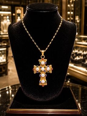 Gold Cross Pendant Necklace with Multicolor Gem Accents